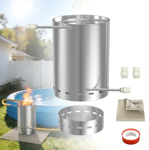 Suusolny 28L Edelstahl Poolheizung Feuertonne Mit Heizspirale, Ø32/ Ø38mm 2 in 1 Anschluss,Mit Feuerschutzmatte & integrierter Aschewanne Brennholz Heizung - Silber,1 Stück