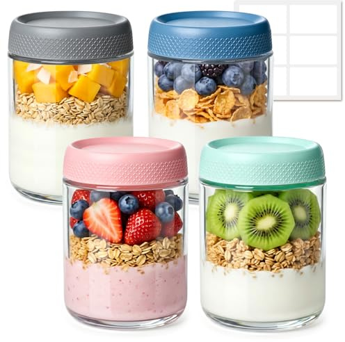 ComSaf Overnight Oats Jars 500ml 4 Pack Glass Jars with Lids for Breakfast | Leakproof Portable Overnight Oats Container, Yogurt Pots for Granola, Cereal, Fruit, Glass Container for Dry food Storage