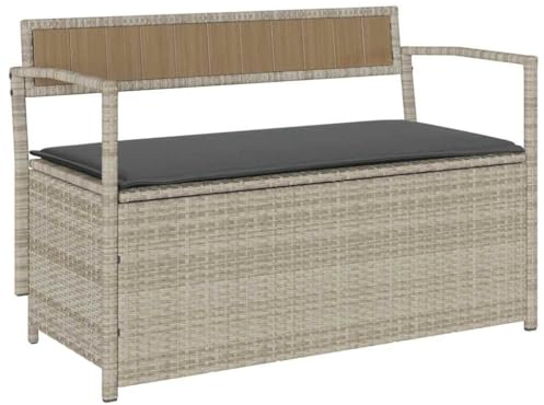 HFXHIJXQ Gartenbank mit Stauraum 111,5x54x74 cm Poly-Rattan Hellgrau, wetterfest, mit Sitzkissen, Balkon Terrasse Garten