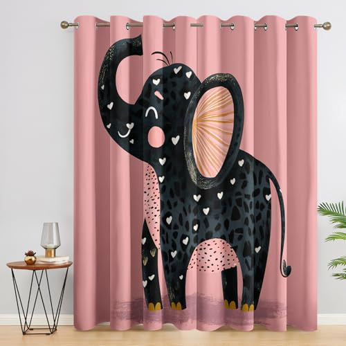 DITHYRAM Elefant Vorhänge Mit ösen Blickdicht, Kinder Tiere Schwarz Rosa Vorhang Schlafzimmer Wohnzimmer Küche 140 x 245 cm Lang, Übergardinen Innen Verdunklungsvorhänge