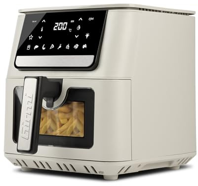 Girmi FG84 Friggitrice ad Aria Ecofrit Crisp, 6,5 Litri, 1700W, Display digitale, 8 programmi, Partenza Ritardata, Vassoio Rialzabile, Timer, Temperatura regolabile, BPA/PFOA Safe, Ricettario incluso