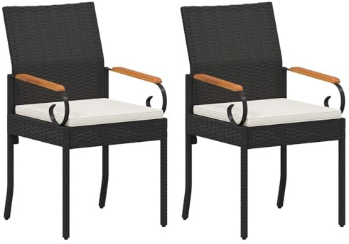 vidaXL Gartenstühle 2 pcs Schwarz und Cremeweiß Poly-Rattan und Akazie, Akazienstühle, rechteckige Sitzgelegenheit, wetterfeste Polyrattan-Gartenmöbel, bequemes Design