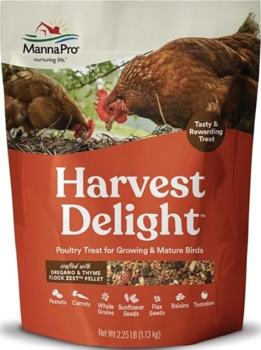 Manna Pro Harvest Delight Poultry Treat, Whole Grain & Seed Mix with Fruits & Vegetables, 14% Protein Snack for Chickens, Ducks & Mixed Flocks, 2.25 lb
