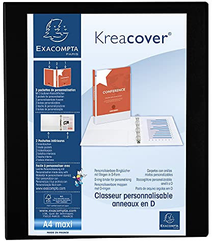 Exacompta 51842NE Ringbuch Kreacover aus festem PP, 4 Ringe 30mm, Rücken 38mm, 3 Außen- und 2 Innenhüllen, DIN A4+, 1 Stück, Schwarz