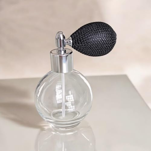 Black Round Empty Refillable Perfume Glass Bottle Spray Atomizer, 78ml, with Black Bulb Sprayer and Silver Fitting. Funnel Included