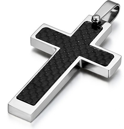 JewelryWe Gioielli Collana con Pendente Croce da Uomo Donna, Ciondolo, Classico, Fibra di Carbonio, Acciaio Inossidabile, Nero Argento, Catenina Lunga 54cm Disponibili (con Borsa Regalo)