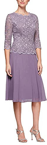 Alex Evenings Women's Tea Length Sequin Mock Dress (Petite and Regular) Special Occasion, ICY Orchid, 14