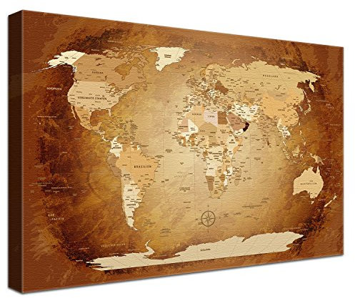 LanaKK – Weltkarte Luxus Ausführung – „Worldmap Braun Colorful” - deutsch - Kunstdruck-Pinnwand auf 4cm Echtholz-Keilrahmen – Globus in braun, einteilig & fertig gerahmt in 120x80cm