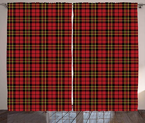 ABAKUHAUS Kariert Rustikaler Gardine, Old Celtic britischen, Schlafzimmer Kräuselband Vorhang mit Schlaufen und Haken, 280 x 225 cm, Schwarz Gelb