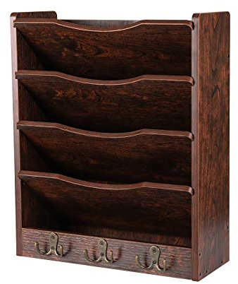 PAG Schreibtisch Wandorganizer Holz,zeitschriftenhalter,Hängend Document Organizer Mit 3-Haken，Für Büros, Wohnungen und School Supplies(5 Fächer, Braun)