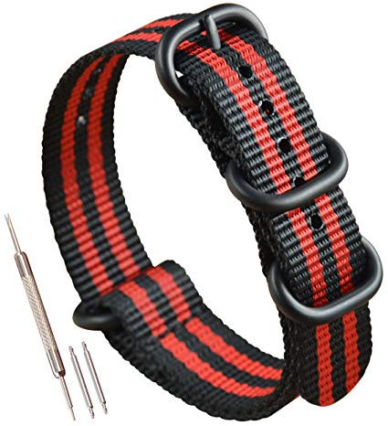 MZBUTIQ 19mm Schwarz/rot Uhrenarmband Herren Ballistisches Nylon Strap Extra Lang Matte Schwarze Schnalle