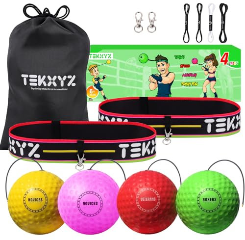 TEKXYZ Box-Reflex Ball Family Pack, 4 diverse palle da boxe con fascia, più morbide di una palla da tennis, la velocità dei pugni, le abilità di combattimento e la coordinazione occhio-mano