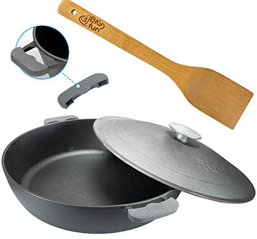 Sartén de hierro fundido de 36 cm con tapa y espátula, apta para horno