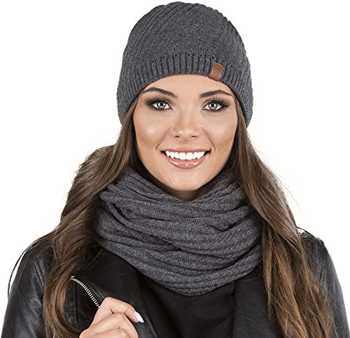 VIVISENCE Trendiger Damen Winter Set Aus Mütze Und Loop-Schal Mit Wärmendem Garn Und Antistatischen Eigenschaften Perfekte Passform Für Kalte Wintertage Bequem Und Stilvoll, Dunkelgrau,Einheitsgröße