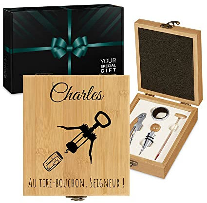 Maverton Coffret du sommelier - Cadeau d'accessoires pour le vin - Set sommelier personnalisé - Pour homme - Coffret gravé pour lui - bouchon