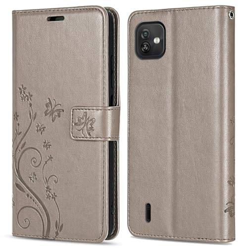 betterfon Hülle Kompatibel mit Wiko Y82 | Premium PU Leder Handyhülle Wallet Case für Y82 | Schutzhülle Blumen Klapphülle Handyhülle | Grau