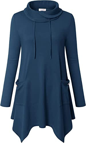 Amrto Damen Bluse Turtleneck Tunika Große Größen mit Asymmetrische Saum Langarmshirts Tops Lange Hemd Pullover mit Taschen, Dunkler Blau L