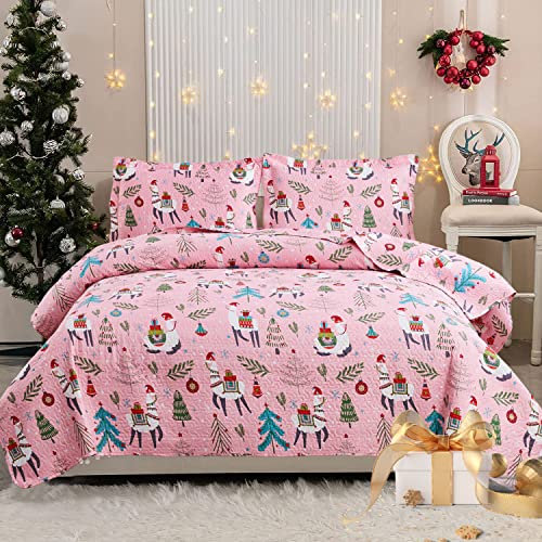 Cartoon-Bettwäsche-Set für Queen-Size-Betten, 3-teilig, Sommer-Bettwäsche-Set mit Alpaka-Muster, leichter Bettbezug für alle Jahreszeiten (Rosa, 1 Steppdecke + 2 Kissenbezüge)