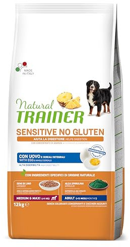 Natural Trainer Sensitive No Gluten Cibo per Cani Adulti Medium&Maxi con Uovo e Cereali Integrali - 12kg