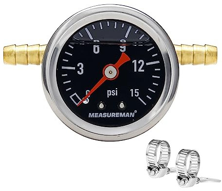 MEASUREMAN Fuel Pressure Gauge Kit 0-15Psi Stainless Steel Glycerin Filled, 1-1/2 Black Dial Size, with 5/16 Fuel Line Fuel Pressure Brass T-Fitting Adapter, Center Back Mount