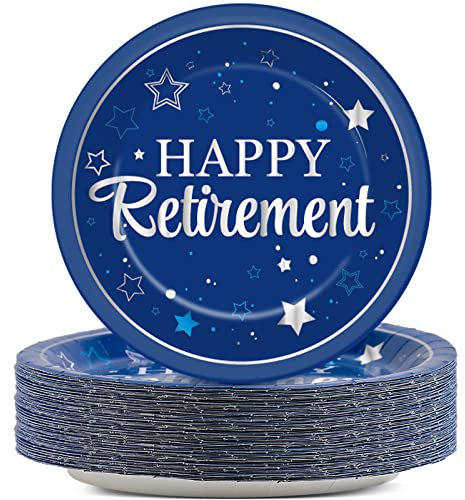 Qyeahkj 48 Pcs Retirement Party Plates Happy Retirement Party Supplies Disposable Paper Dessert Plates Supplies Blue and Silver Lunch Dinner Cake Plates Tableware Decorations for Men Women