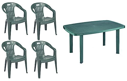 Set 4 Sedie impilabili + Tavolo in Polipropilene da Giardino Colore Verde Mod. Lido
