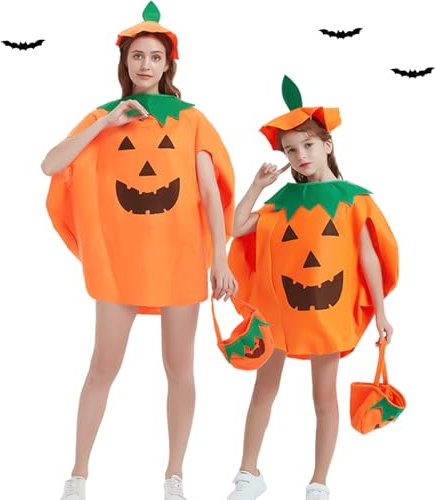 LIVESTN 6 Pièce Costume de Citrouille d'Halloween, Costume de Citrouille pour Enfant Déguisement de Citrouille pour Adulte avec Chapeau et Sac Bonbons Citrouille pour Halloween (Enfants+Adultes)