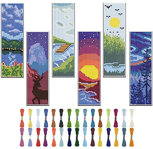 FREEBLOSS 6 Satz Stickerei Kreuzstich Set - Lesezeichen Mit Landschaftsmotiv - Anfänger Set Mit Anleitung 6x20cm