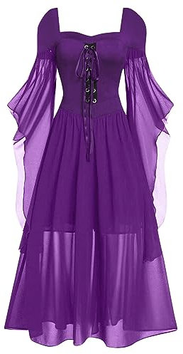 AZISEN Vestito Lungo Donna, Costume di Halloween Medievale off Shoulder Pizzo Trompeta Manica Abito Elegante (Viola,S)
