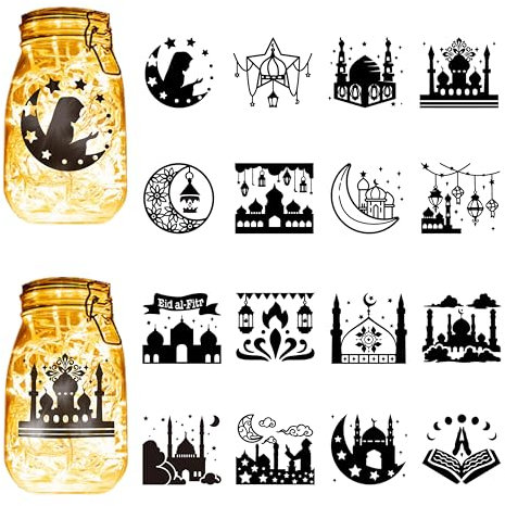 CREATCABIN 16Pcs Eid Mubarak Silhouettes Mason Jar Decor Lantern Laser Cutouts Ornaments Scrapbook Embellishment for Ramadan Party Glass Wall Windows Cars DIY Crafts Black 3.9x3.5Inch(No Sticker)