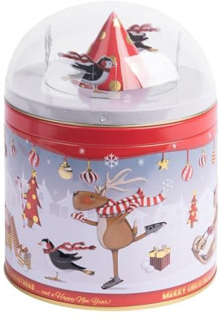 POWERHAUS24 hübsche winterliche Blechdose & Spieluhr mit Rentier & Pinguin beim Schlittschuhlaufen, Geschenk, Aufbewahrung, Spielzeug, Deko, lebensmittelecht, ca. 13 cm x 16,5 cm, 2 Rezepte inklusive