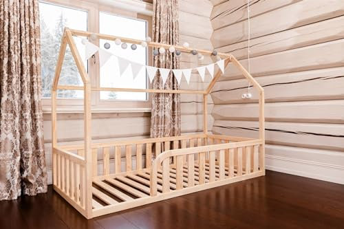 Mandrele - Montessori Bett, Hausbett mit Lattenrost, Rausfallschutz Bett, Bodenbett, Kinderbett, Holzbett mit Bettgestell für Jungen und Mädchen, Baby Bett, 160x70cm, Custom Color