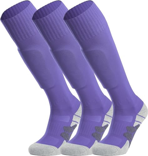 APTESOL Knielang Fußballsocken Kinder Jugend Erwachsene Lang Sportsocken Kissen Atmungsaktiv Soccer Trainingssocke (3-Paar Lila-A, EU 28-32)