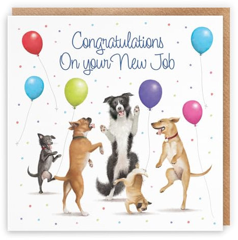 Hunts England Große Glückwunschkarte zum neuen Job für Sie/IhnTanzende HundeNeue Jobkarte für MännerNeue Jobkarte für FrauenHerzlichen Glückwunsch zu Ihrem neuen JobMilo's Gallery210 x 210 mm