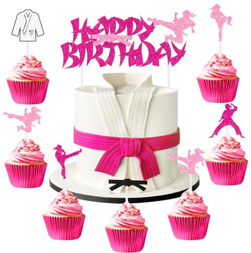 Sursurprise Decorazioni di compleanno per karate, 25 pezzi, topper per torta di buon compleanno, decorazioni per cupcake e karate, per ragazze, taekwondo, arti marziali, forniture per feste