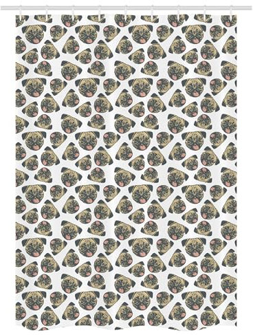 ABAKUHAUS Mops Schmaler Duschvorhang, Heiter Hunde Grunge-Effekt, Badezimmer Deko Set aus Stoff mit Haken, 120 x 180 cm, Charcoal Grey Beige