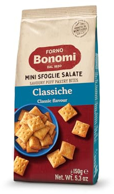 Forno Bonomi, Mini Sfoglie Salate Classiche. Snack pronti da gustare per una pausa o per un aperitivo sfizioso con gli amici. Confezione da 150 grammi.