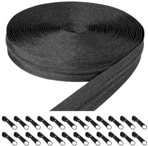 Luckwaii Cerniere Lampo a Metro Cerniera Lampo per Giubbotto in Nylon da 20m al Metro e 20 Zip Cerniera in Metallo da 3mm per Giubbotti Abbigliamento Borse Astucci Biancheria da Letto (Nero)