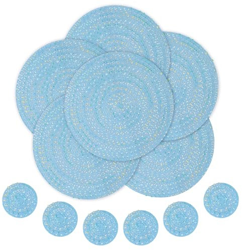 fanquare Set di 6 Tovagliette e Sottobicchieri Blu Tovagliette in Filo di Cotone Intrecciato Tappetini da Tavolo Rotondi Tovagliette Antiscivolo Lavabili per Sala da Pranzo Cucina Tavolo 38cm