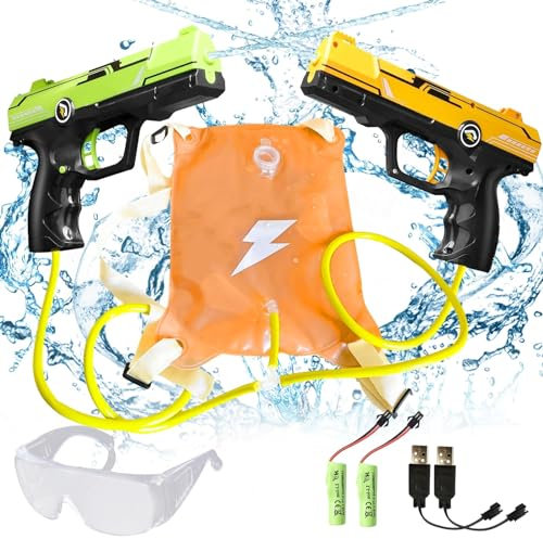 2 Stück Wasserspritzpistolen mit 2100CC Rucksack,Automatische Spritzpistolen mit Schutzbrille für Erwachsene Kinder,Großer Reichweite mit Verstellbaren Riemen (Verstellbaren Riemen)
