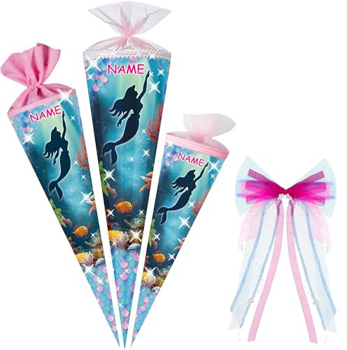alles-meine.de GmbH Schultüte - mit 3D Glitzer - Effekt ! - Meerjungfrau - 35-85 cm - Größe wählbar - Spitze wählbar - inkl. Name + Bänder Schleife - Zuckertüte - Tüll - oder F..