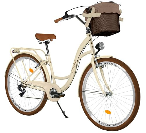 Balticuz OU Komfort Fahrrad mit Korb, Hollandrad, Damenfahrrad, Citybike, Retro, Vintage, 28 Zoll, Beige-Braun, 7-Gang