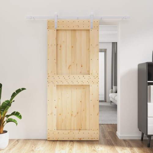 Gecheer Set de porte, coulissant, de grenier, avec kit rail, si matériel, quincaillerie, en bois de pin, blanc et naturel, 90 x 210 cm, rail 183 cm, C,porte de grange surprenante avec kit rail