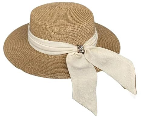 AYWTIUN Chapeau de Paille Chapeau Seau Plage été Chapeaux de Paille for Femmes Haut Plat Ruban nœud Papillon élégant Luxe Paille Femmes Chapeaux d'été(Khaki)