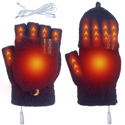 USB Heated Gloves, Double-Sided Heating Touchscreen Hand Warmers Gloves for Men and Women, Full & Half Heated Fingerless Winter Glove for Indoor Office Outdoor Sledding (Only Heat up When Plugged in)