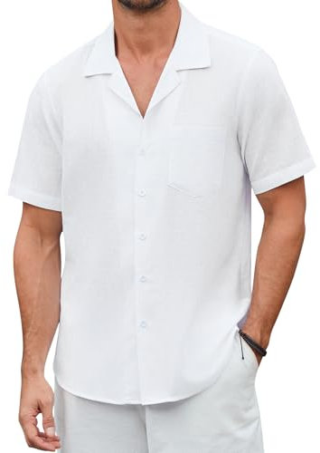 Enlision White Short Sleeve Linen Shirts for Men Casual Button Down Shirt with Pocket for Summer Beach Regular Fit XL