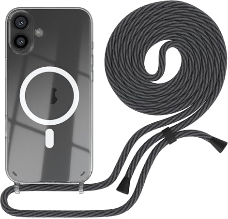 EAZY CASE - Handykette kompatibel mit iPhone 16 Plus Kette zum Umhängen Handyhülle für Apple iPhone 16 Plus Silikon Hülle mit Band Handytasche als Fallschutz in Schwarz/Anthrazit - Clips Schwarz