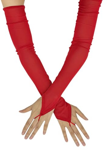 FSSTUD Lange fingerlose durchsichtige Handschuhe, Tüllnetz, Hochzeitshandschuhe, Ellenbogenlänge, Opernhandschuhe, Fäustlinge, Tanzparty, Armstulpen, Rot