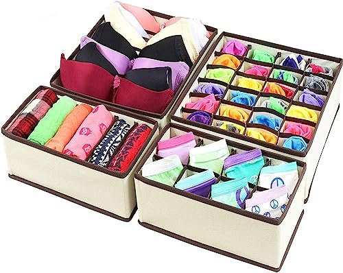 Organizador de Ropa Interior y Armario Plegable - 4 Juegos de Cajón Divisor para Almacenar Calcetines, Bufandas, Sujetador (Beige-4)