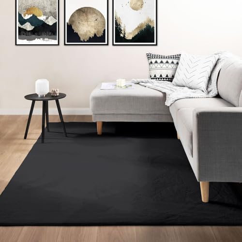 VIMODA Teppich Wohnzimmer Schlafzimmer Flauschig, kurzflorig – waschbar und Fußbodenheizung geeignet,Farbe:Schwarz;Maße:200x280 cm